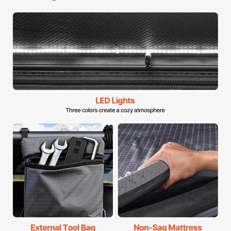 VEVOR jumta telts ar cieto apvalku 2–3 personām, alumīnija konstrukcija ar trīskrāsu LED apgaismojumu, biezs matracis un logs, ūdensizturīga un vēja noturīga, piemērota Jeep, SUV un pikapam