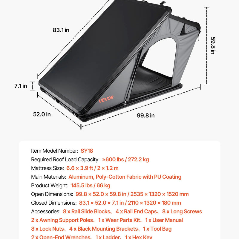 VEVOR jumta telts ar cieto apvalku 2–3 personām, alumīnija konstrukcija ar trīskrāsu LED apgaismojumu, biezs matracis un logs, ūdensizturīga un vēja noturīga, piemērota Jeep, SUV un pikapam