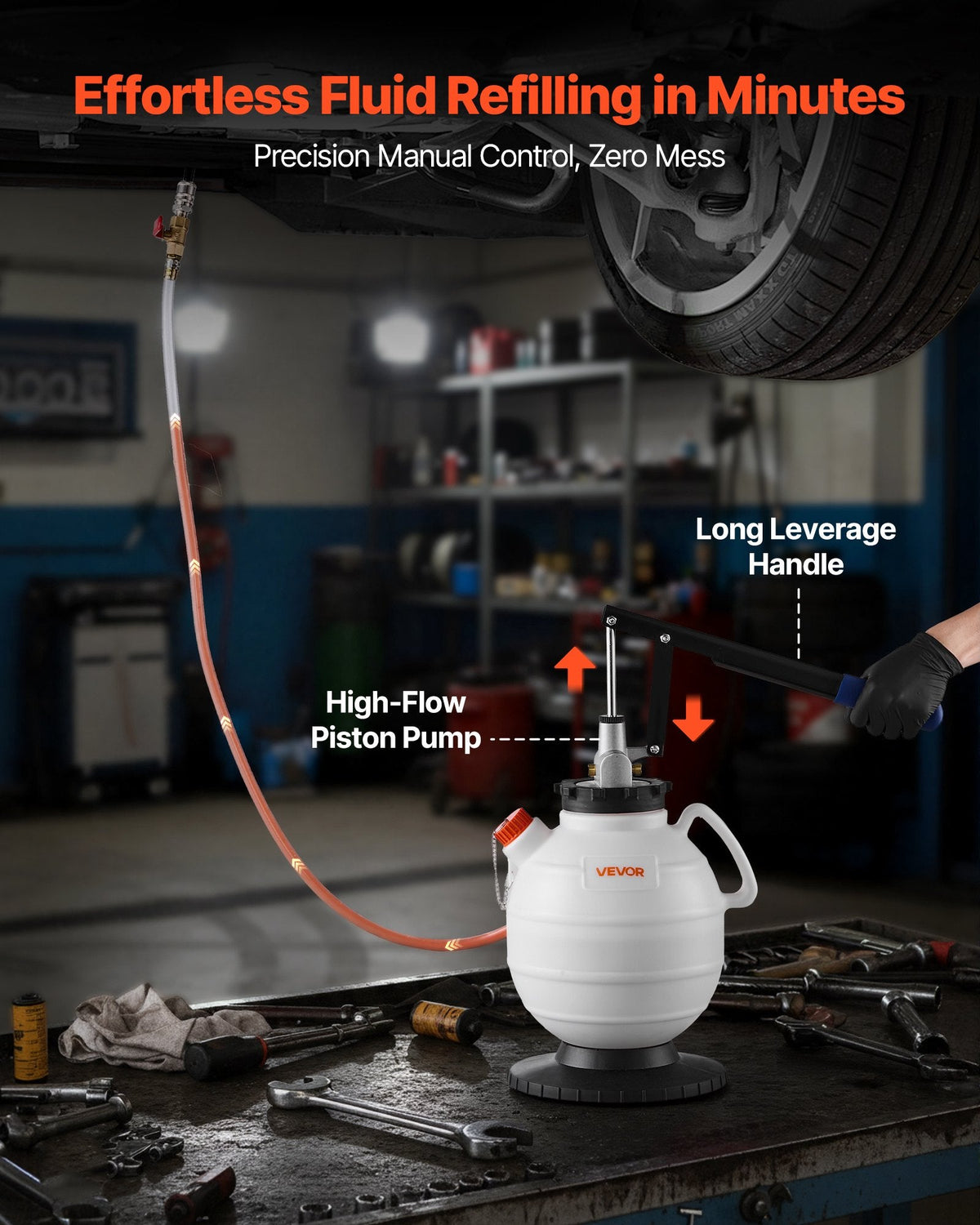 VEVOR transmisijas šķidruma sūknis 7,5 l manuāls ATF uzpildes komplekts ar 8 adapteriem un 120 cm izplūdes šļūteni, eļļas ekstraktors ar HDPE tvertni automašīnām un zāles pļāvējiem