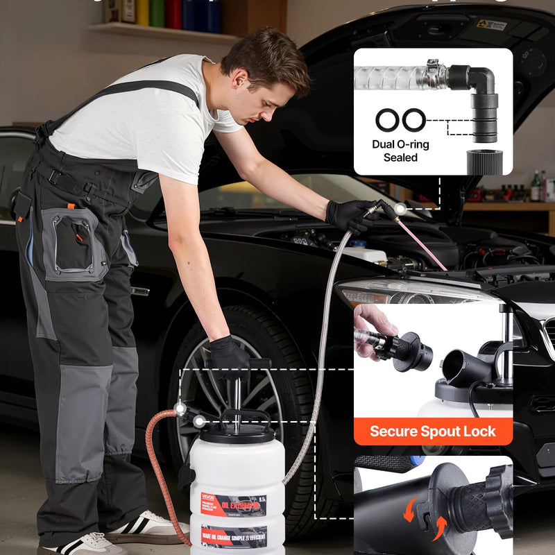 VEVOR šķidruma ekstraktors 9,5 l manuāls vakuuma eļļas maiņas sūknis ar 150 cm šļūteni un trim 120 cm pagarinājuma caurulēm, HDPE tvertne automašīnām, zāles pļāvējiem un laivām