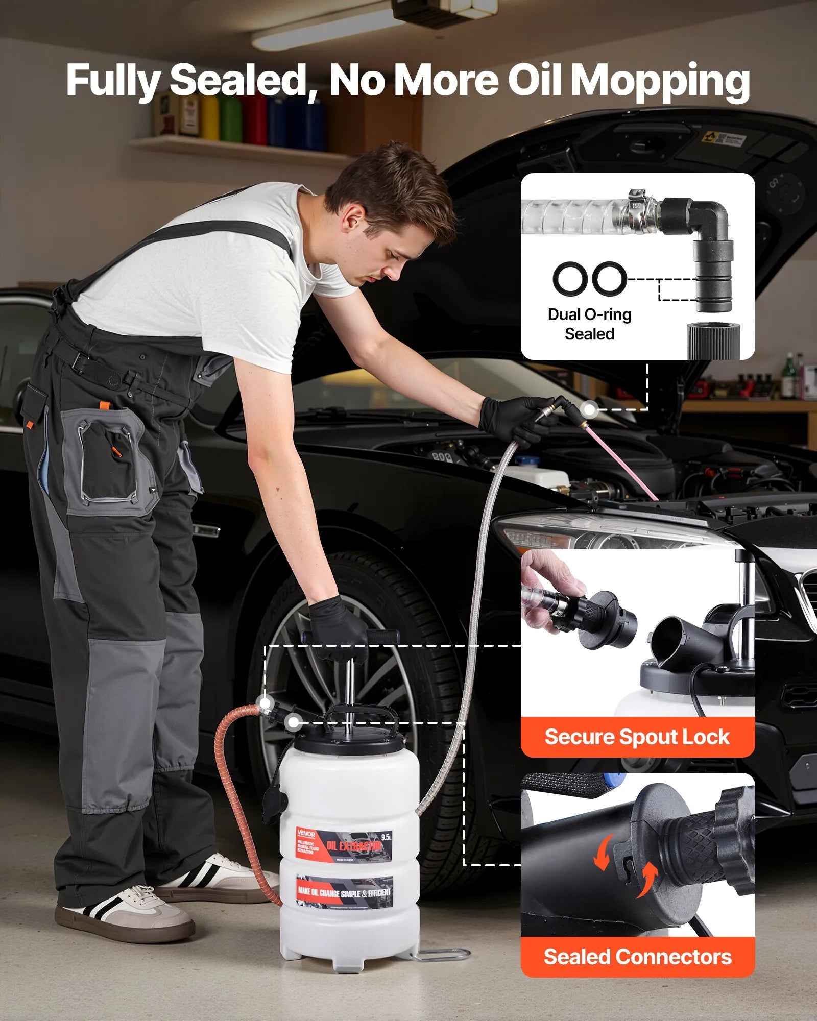 VEVOR šķidruma ekstraktors 9,5 l manuāls vakuuma eļļas maiņas sūknis ar 150 cm šļūteni un trim 120 cm pagarinājuma caurulēm, HDPE tvertne automašīnām, zāles pļāvējiem un laivām