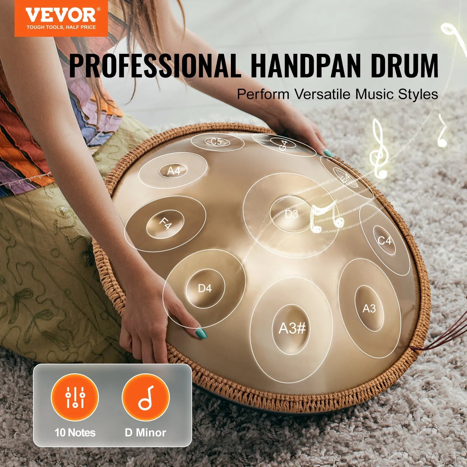 VEVOR Handpan tērauda bungas 55,9 cm ar 10 notīm D minorā ar vālīti