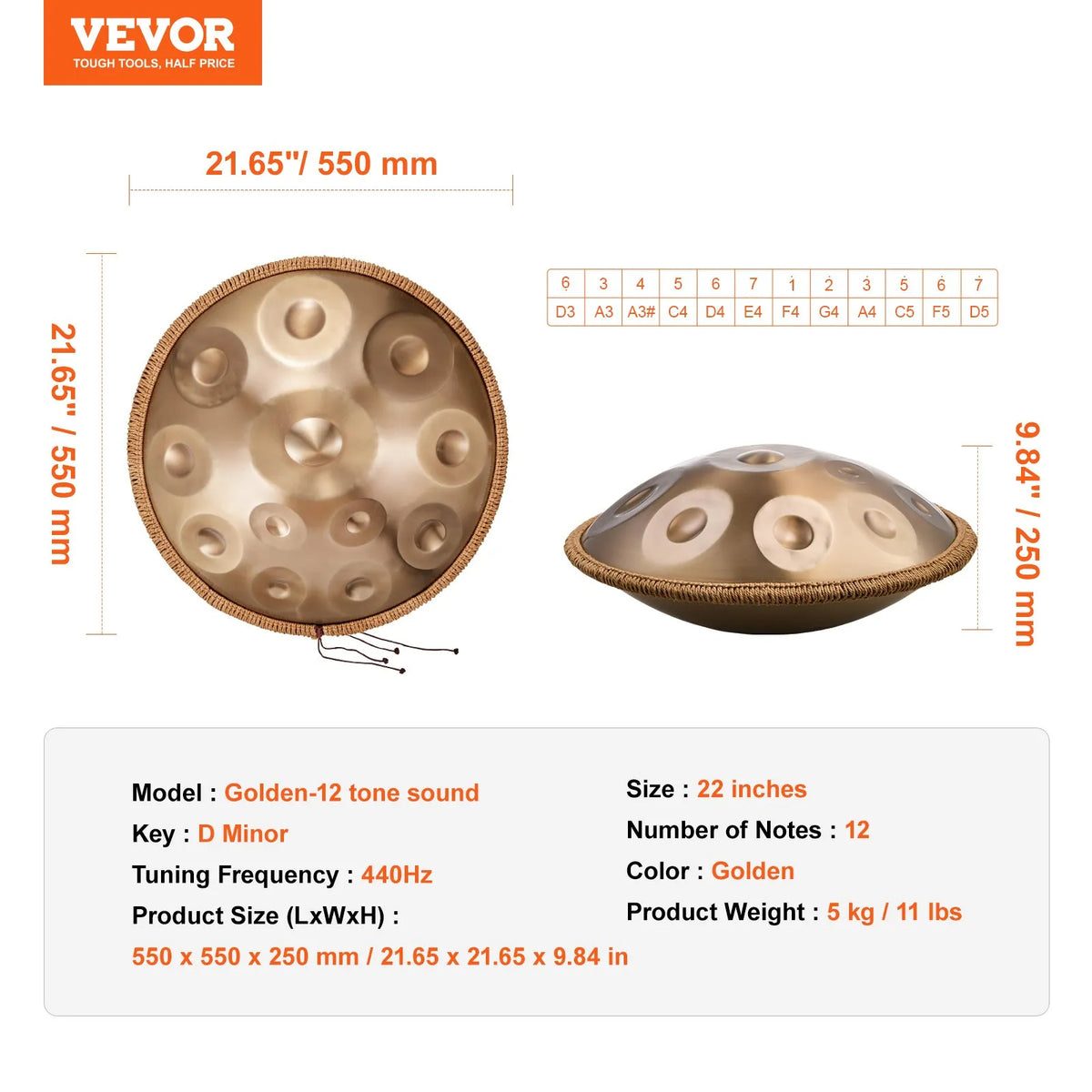 VEVOR Handpan tērauda mēles bungas 55,9 cm 12 notis D minorā ar vālīti