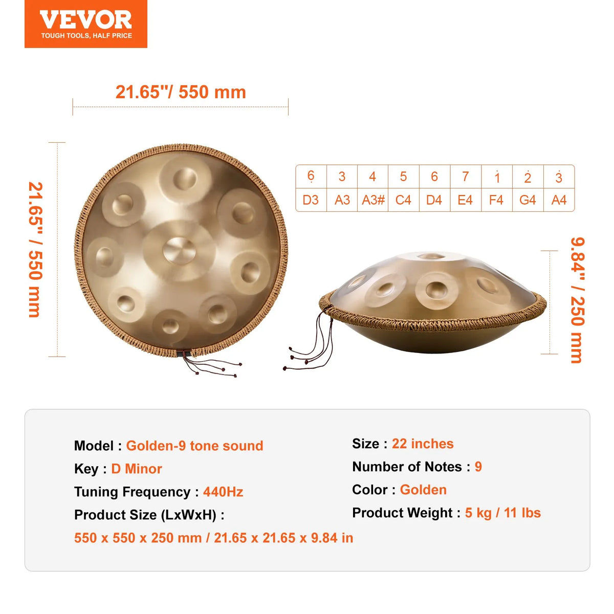 VEVOR Handpan tērauda mēles bungas 55,9 cm ar 9 notīm D minorā ar vālītēm pieaugušajiem