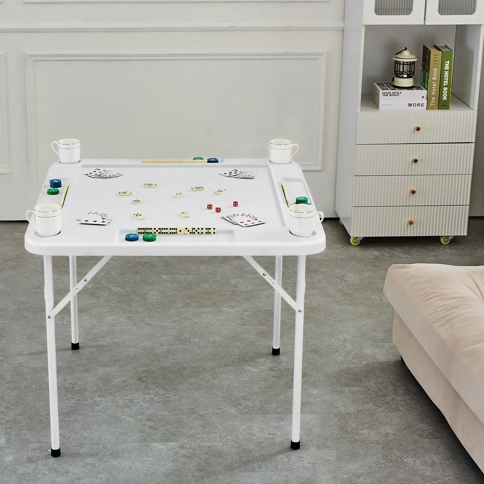 VEVOR salokāms kvadrātveida mahjong un kāršu galds 4 spēlētājiem ar 4 glāžu turētājiem un 4 žetonu paplātēm, pārnēsājams domino spēļu galds ar 1 domino komplektu mahjongam, pokeram un puzlēm, 90 × 90 cm, balts