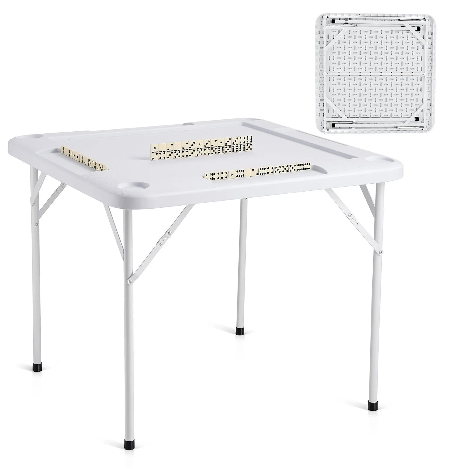 VEVOR salokāms kvadrātveida mahjong un kāršu galds 4 spēlētājiem ar 4 glāžu turētājiem un 4 žetonu paplātēm, pārnēsājams domino spēļu galds ar 1 domino komplektu mahjongam, pokeram un puzlēm, 90 × 90 cm, balts