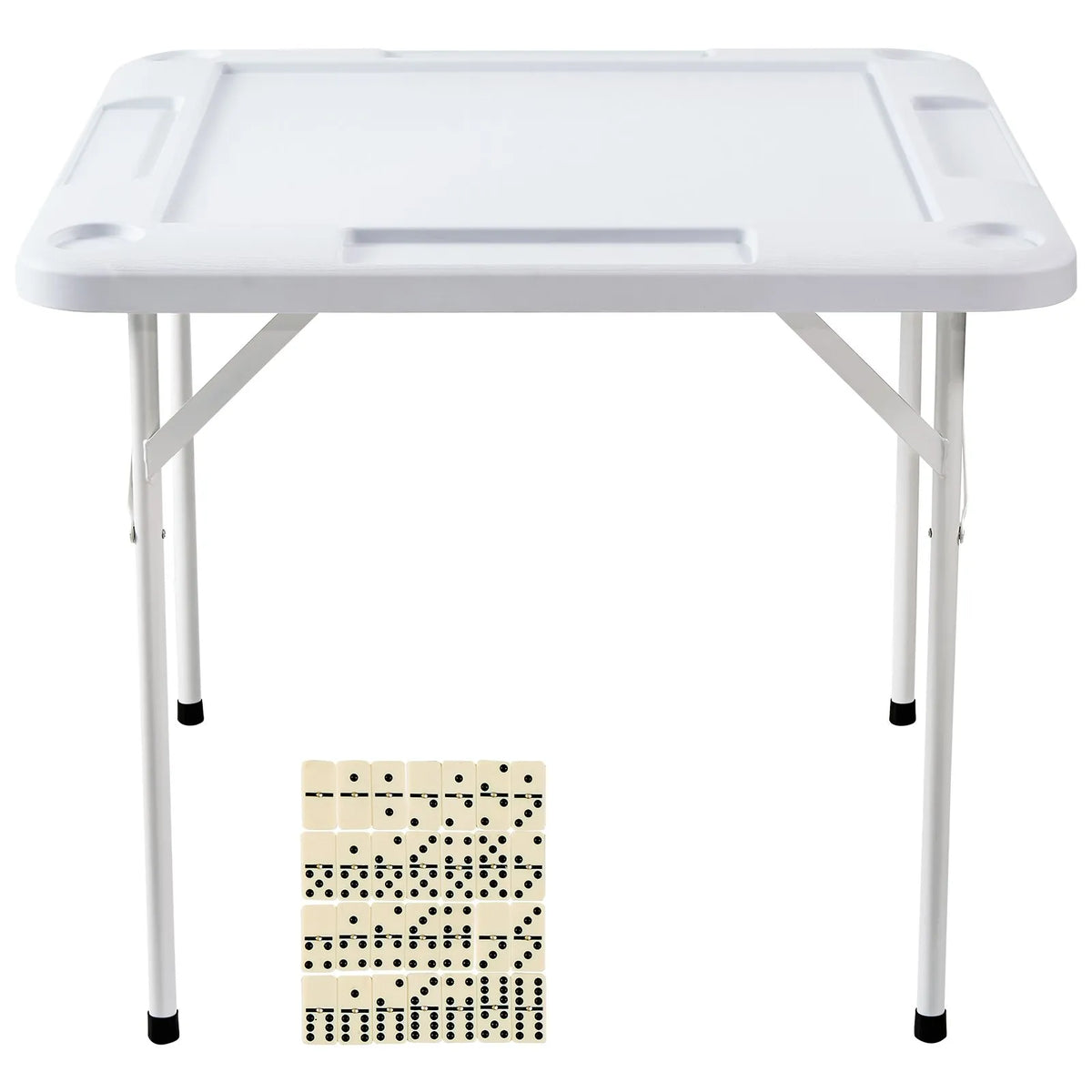 VEVOR salokāms kvadrātveida mahjong un kāršu galds 4 spēlētājiem ar 4 glāžu turētājiem un 4 žetonu paplātēm, pārnēsājams domino spēļu galds ar 1 domino komplektu mahjongam, pokeram un puzlēm, 90 × 90 cm, balts