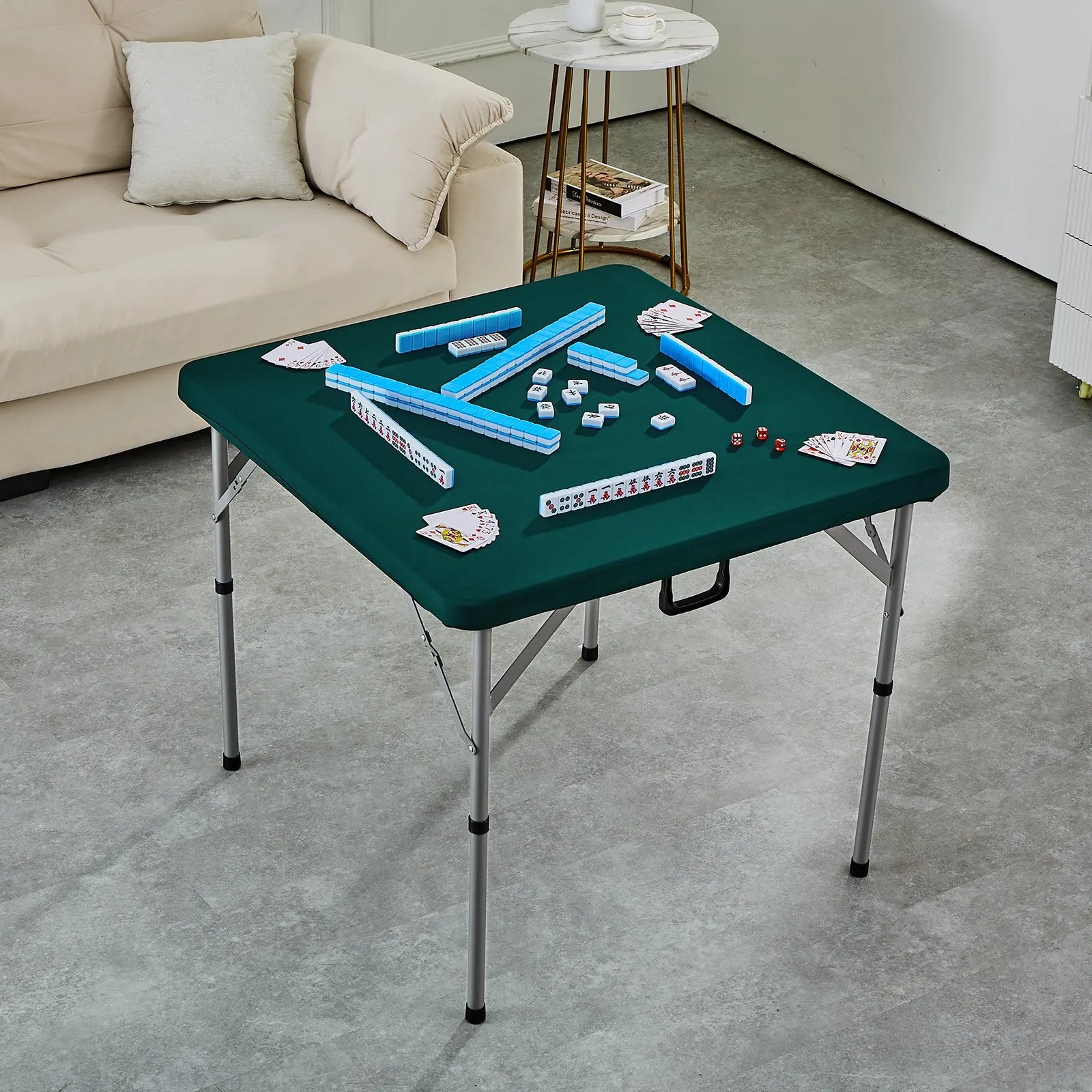 VEVOR salokāms mahjong un kāršu galds 4 spēlētājiem ar nodilumizturīgu zaļu virsmu, pārnēsājams kvadrātveida domino galds ar rokturi, piemērots kempingam, piknikam un ballītēm, 86 × 86 cm