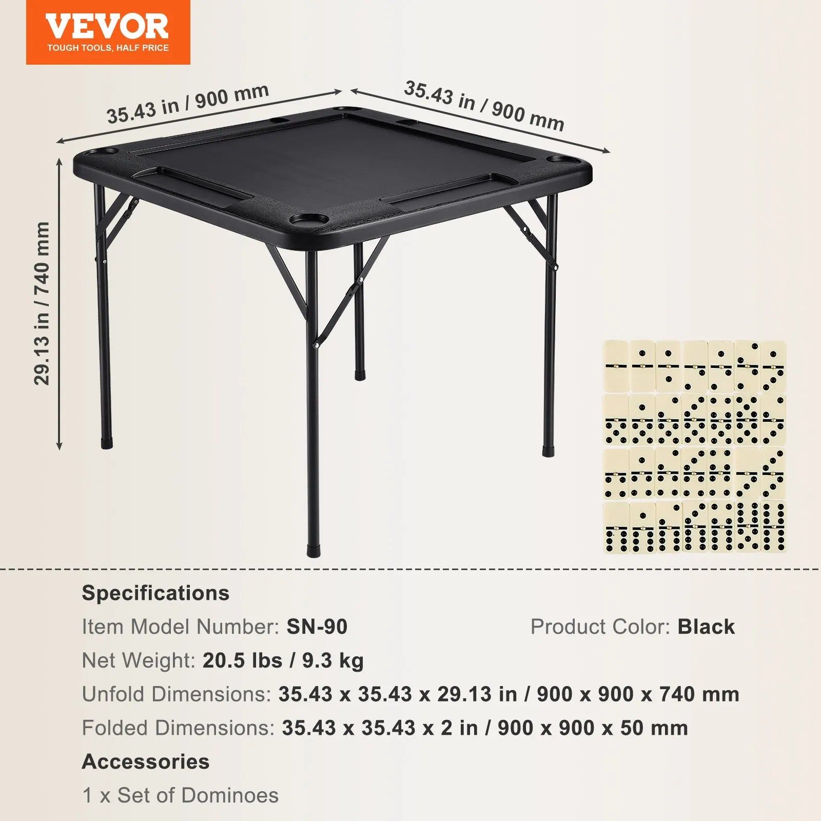 VEVOR salokāms kvadrātveida mahjong un kāršu galds 4 spēlētājiem ar 4 glāžu turētājiem un 4 žetonu paplātēm, pārnēsājams domino spēļu galds ar 1 domino komplektu mahjongam, kārtīm un puzlēm, 90 × 90 cm, melns