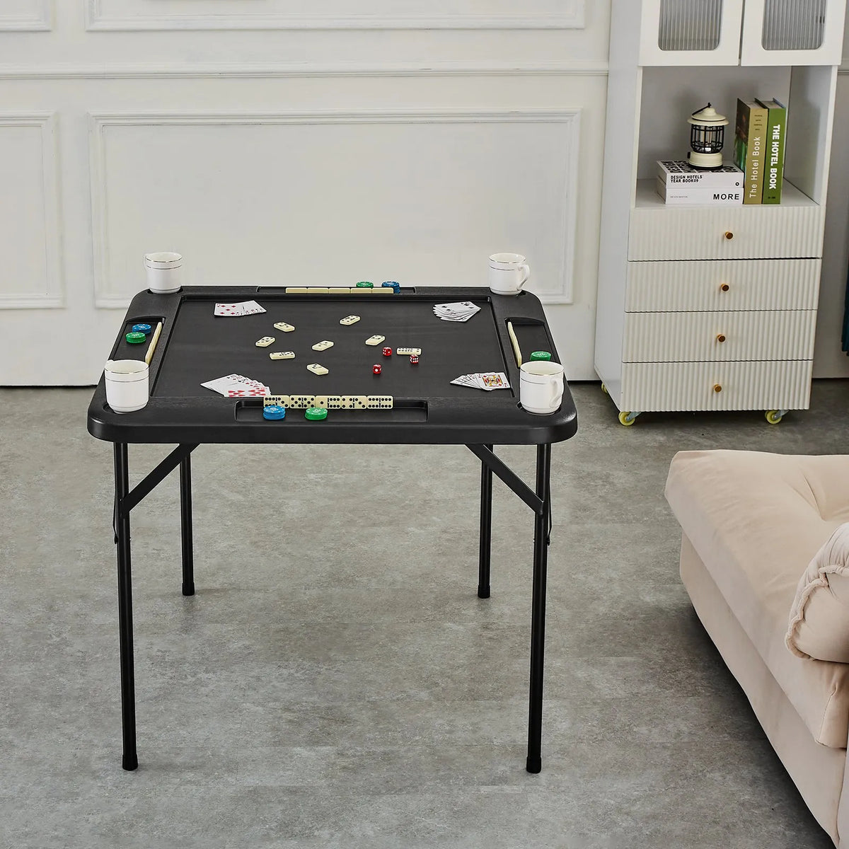 VEVOR salokāms kvadrātveida mahjong un kāršu galds 4 spēlētājiem ar 4 glāžu turētājiem un 4 žetonu paplātēm, pārnēsājams domino spēļu galds ar 1 domino komplektu mahjongam, kārtīm un puzlēm, 90 × 90 cm, melns