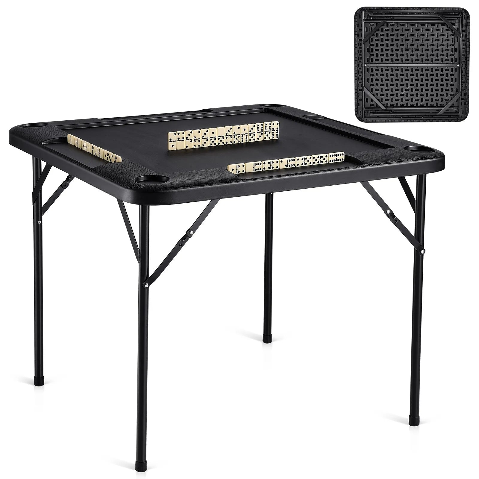 VEVOR salokāms kvadrātveida mahjong un kāršu galds 4 spēlētājiem ar 4 glāžu turētājiem un 4 žetonu paplātēm, pārnēsājams domino spēļu galds ar 1 domino komplektu mahjongam, kārtīm un puzlēm, 90 × 90 cm, melns