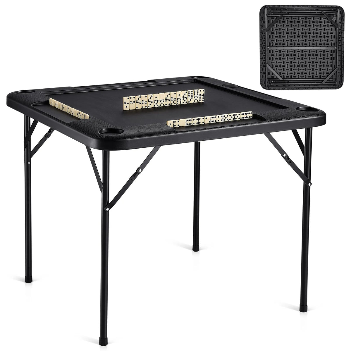 VEVOR salokāms kvadrātveida mahjong un kāršu galds 4 spēlētājiem ar 4 glāžu turētājiem un 4 žetonu paplātēm, pārnēsājams domino spēļu galds ar 1 domino komplektu mahjongam, kārtīm un puzlēm, 90 × 90 cm, melns