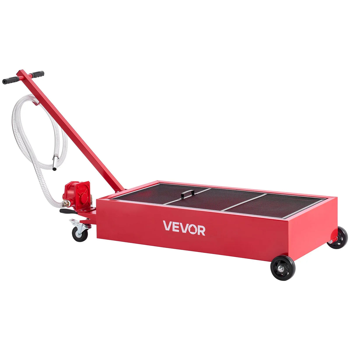 VEVOR zema profila eļļas savākšanas panna 75,7 l ar riteņiem un manuālo sūkni, 2,2 m šļūtene un T veida salokāms rokturis, hermētiska un korozijizturīga, piemērota vieglajām automašīnām, SUV, kravas auto un ATV, sarkana