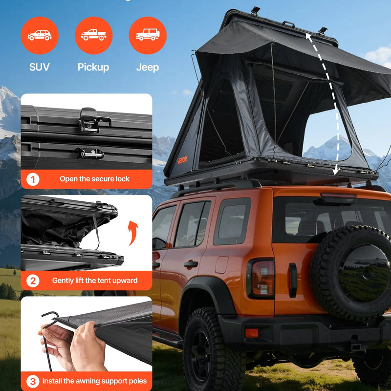 VEVOR jumta telts ar cieto alumīnija apvalku 2–3 personām ar trīskrāsu LED apgaismojumu un biezu matraci, ūdensizturīga un vēja noturīga, piemērota Jeep, SUV un pikapam