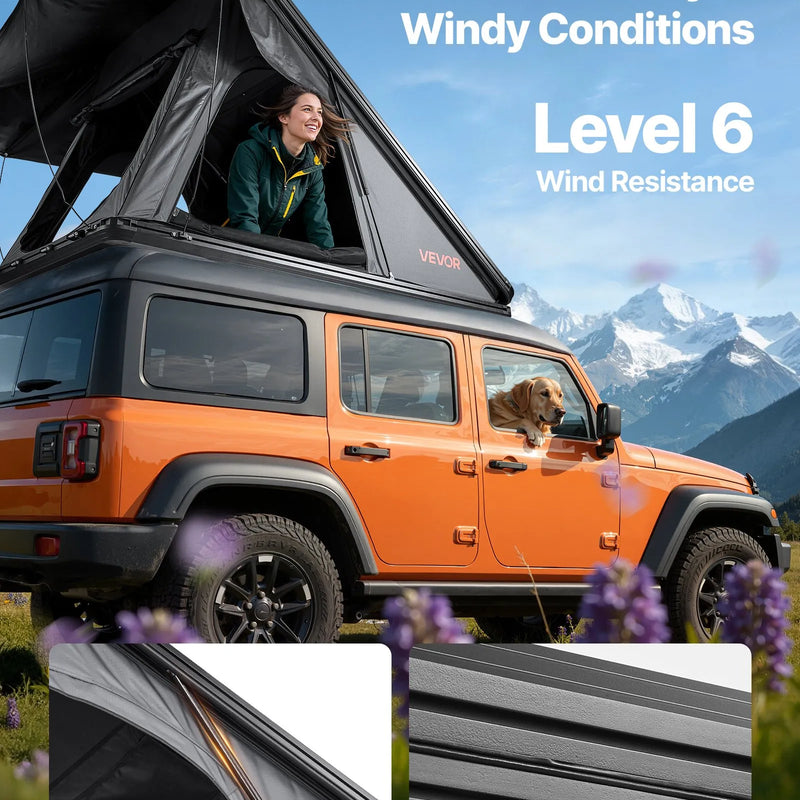 VEVOR jumta telts ar cieto alumīnija apvalku 2–3 personām ar trīskrāsu LED apgaismojumu un biezu matraci, ūdensizturīga un vēja noturīga, piemērota Jeep, SUV un pikapam