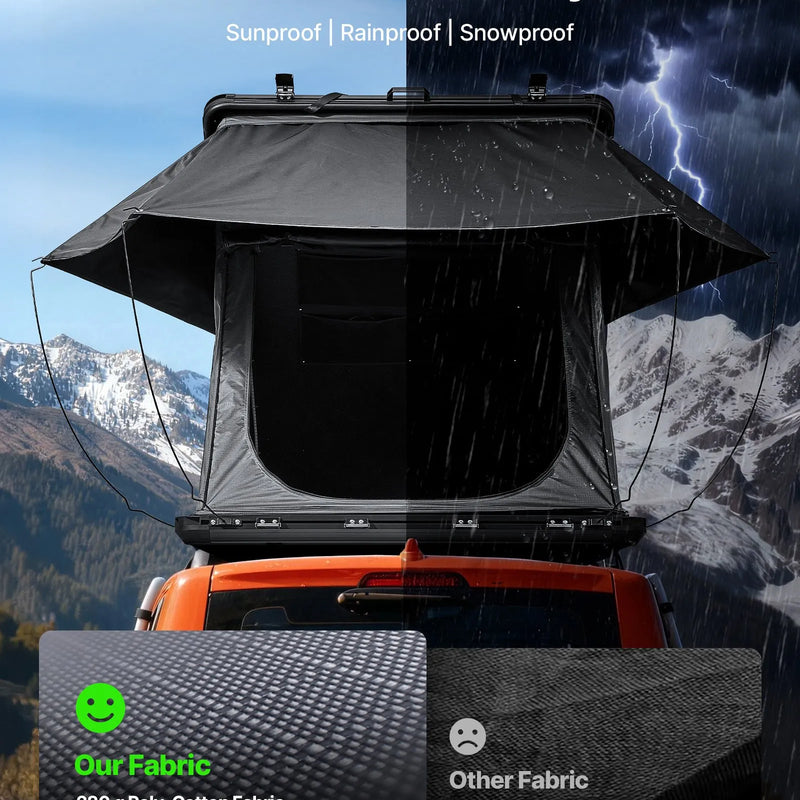 VEVOR jumta telts ar cieto alumīnija apvalku 2–3 personām ar trīskrāsu LED apgaismojumu un biezu matraci, ūdensizturīga un vēja noturīga, piemērota Jeep, SUV un pikapam