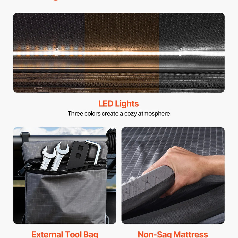 VEVOR jumta telts ar cieto alumīnija apvalku 2–3 personām ar trīskrāsu LED apgaismojumu un biezu matraci, ūdensizturīga un vēja noturīga, piemērota Jeep, SUV un pikapam