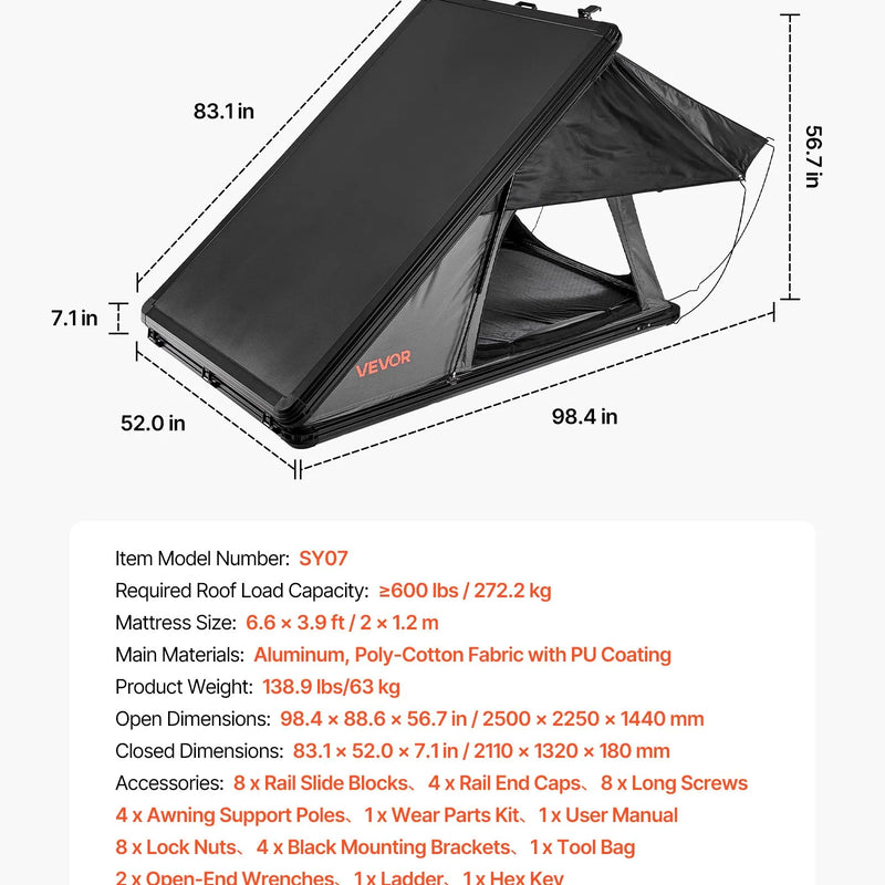 VEVOR jumta telts ar cieto alumīnija apvalku 2–3 personām ar trīskrāsu LED apgaismojumu un biezu matraci, ūdensizturīga un vēja noturīga, piemērota Jeep, SUV un pikapam