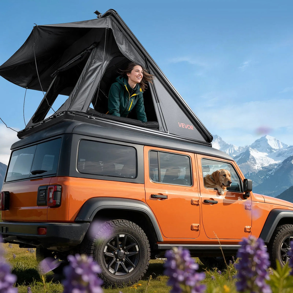 VEVOR jumta telts ar cieto alumīnija apvalku 2–3 personām ar trīskrāsu LED apgaismojumu un biezu matraci, ūdensizturīga un vēja noturīga, piemērota Jeep, SUV un pikapam