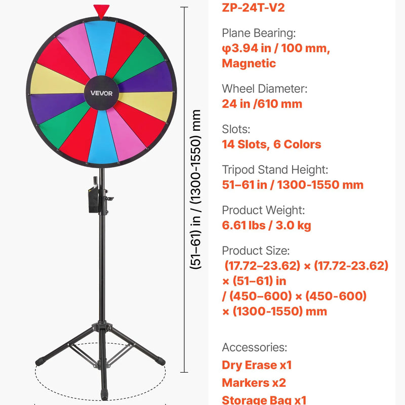 VEVOR Laimes rats 610 mm ar trijkāja statīvu, 14 sektori, 6 krāsas, regulējams augstums, dzēšama virsma un 2 marķieri, piemērots ballītēm, izstādēm un pasākumiem