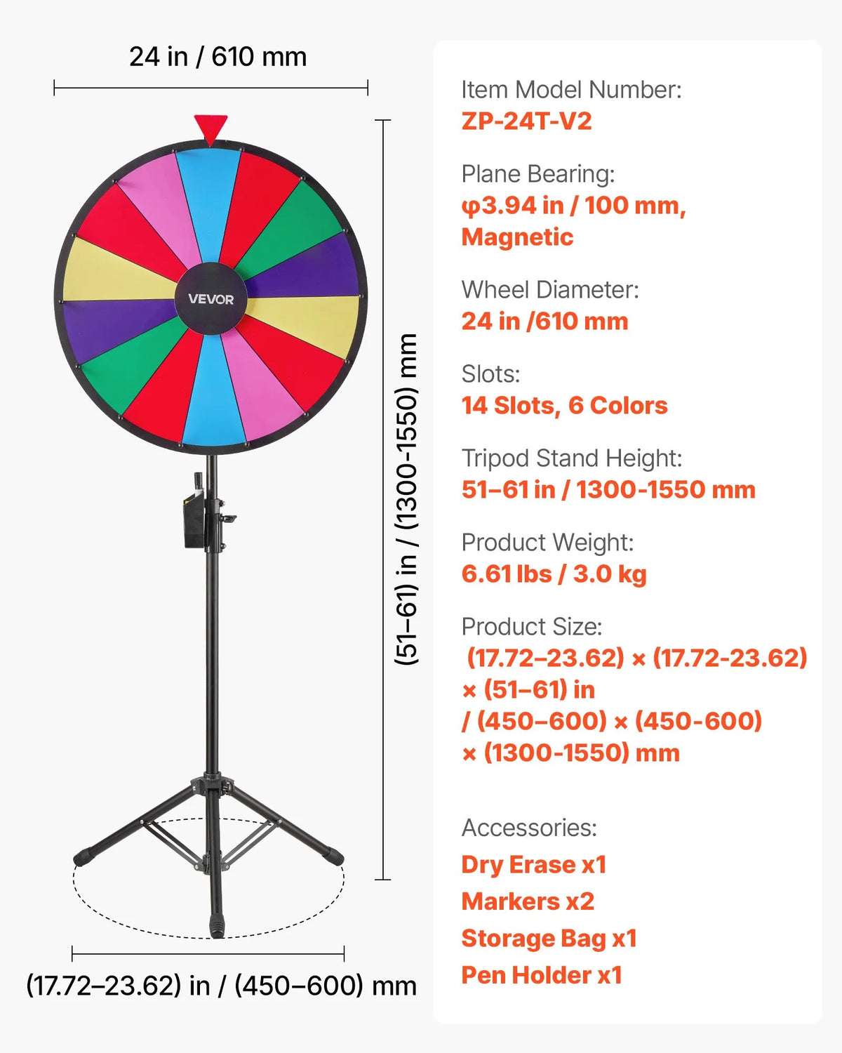 VEVOR Laimes rats 610 mm ar trijkāja statīvu, 14 sektori, 6 krāsas, regulējams augstums, dzēšama virsma un 2 marķieri, piemērots ballītēm, izstādēm un pasākumiem