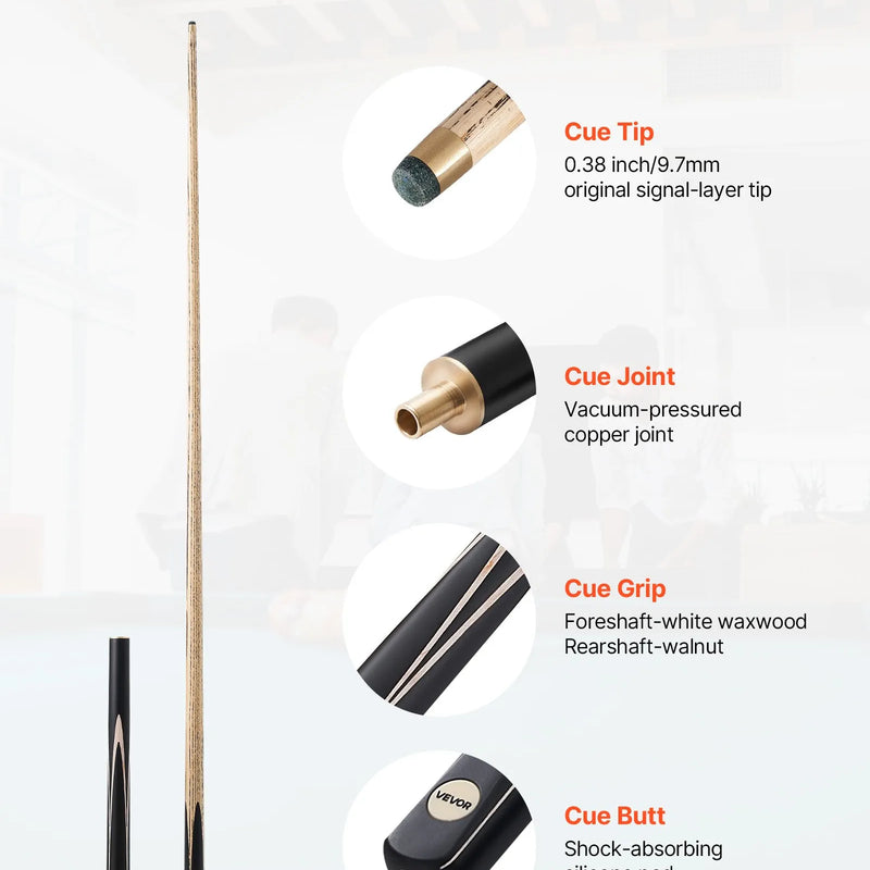 VEVOR snūkera kija 1447,8 mm, dalāma konstrukcija ar pagarinājuma stieni un 9,7 mm ādas uzgali, 538 g profesionāla biljarda kija bāram, mājai un birojam, komplektā koka futrālis