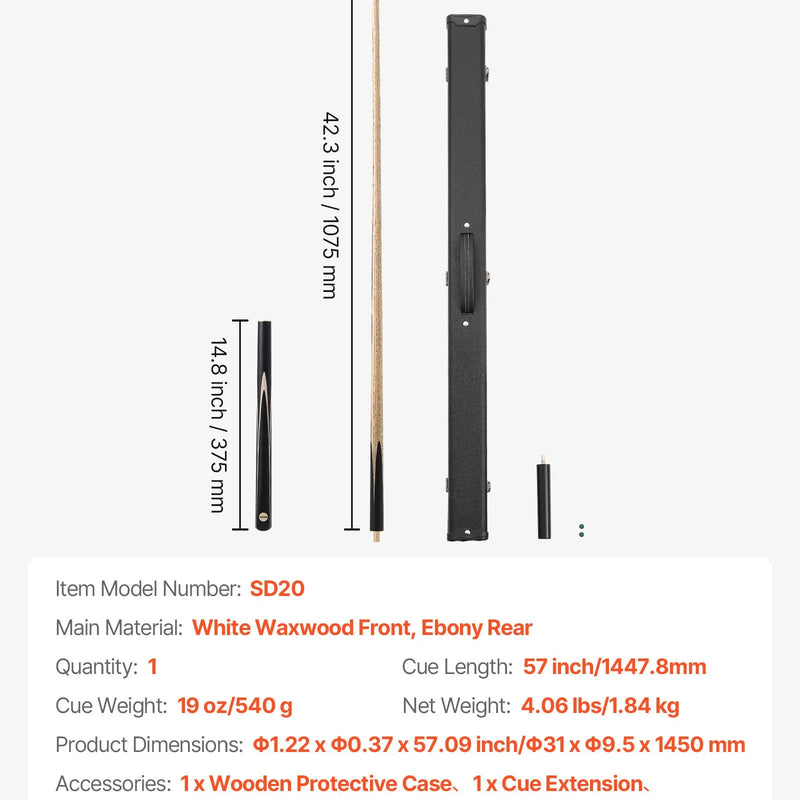 VEVOR snūkera kija 1447,8 mm, dalāma konstrukcija ar pagarinājuma stieni un 9,7 mm ādas uzgali, 538 g profesionāla biljarda kija bāram, mājai un birojam, komplektā koka futrālis