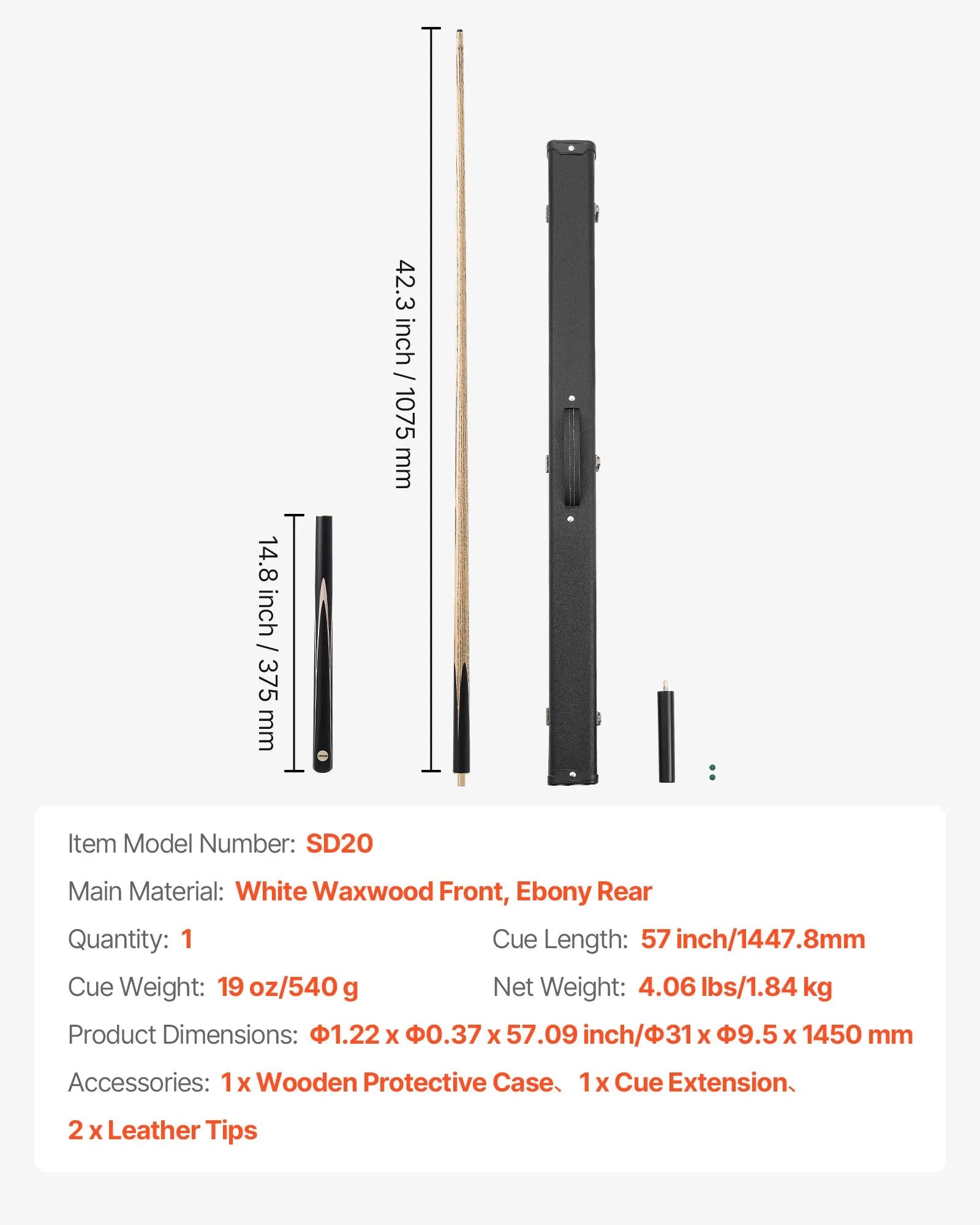 VEVOR snūkera kija 1447,8 mm, dalāma konstrukcija ar pagarinājuma stieni un 9,7 mm ādas uzgali, 538 g profesionāla biljarda kija bāram, mājai un birojam, komplektā koka futrālis