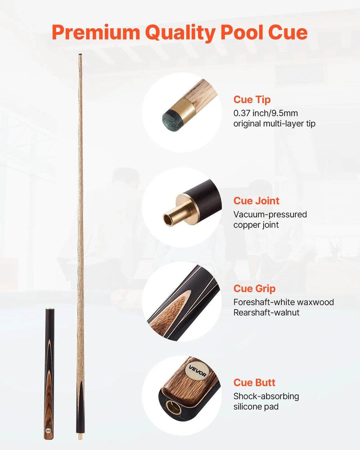 VEVOR snūkera kija 1447,8 mm, dalāma konstrukcija ar pagarinājuma stieni un 9,5 mm ādas uzgali, 538 g profesionāla biljarda kija bāram, mājai un birojam, komplektā alumīnija futrālis