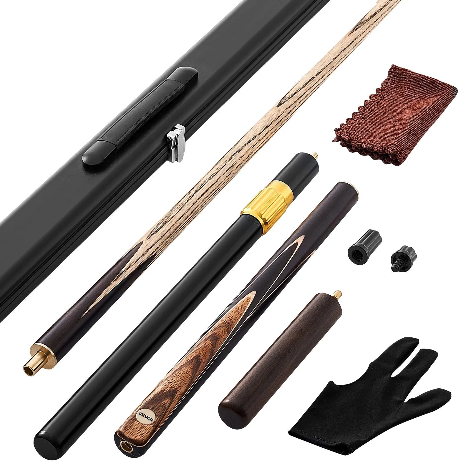 VEVOR snūkera kija 1447,8 mm, dalāma konstrukcija ar pagarinājuma stieni un 9,5 mm ādas uzgali, 538 g profesionāla biljarda kija bāram, mājai un birojam, komplektā alumīnija futrālis