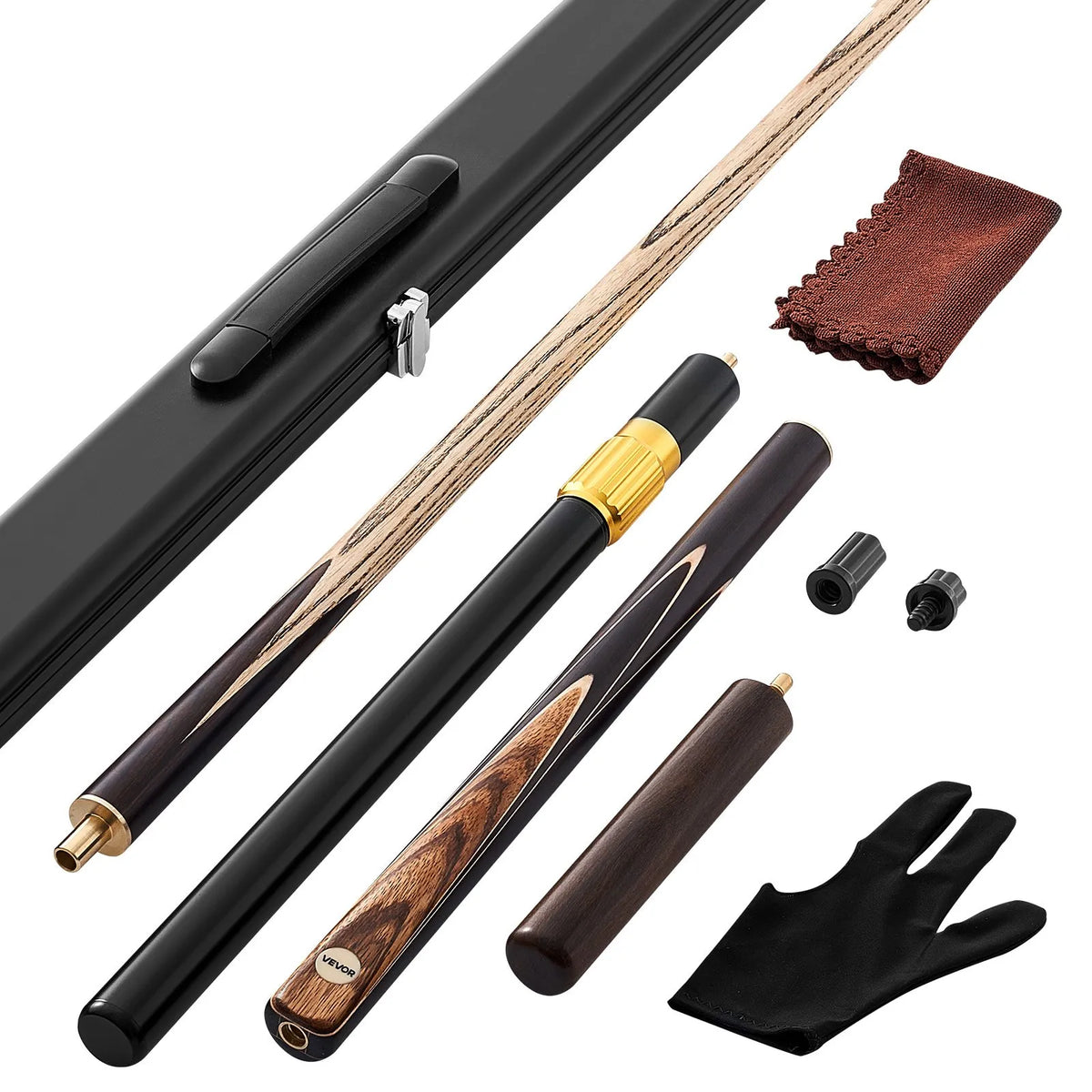 VEVOR snūkera kija 1447,8 mm, dalāma konstrukcija ar pagarinājuma stieni un 9,5 mm ādas uzgali, 538 g profesionāla biljarda kija bāram, mājai un birojam, komplektā alumīnija futrālis