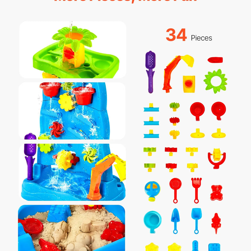 VEVOR smilšu un ūdens galds bērniem, abpusējs aktivitāšu ūdenskrituma rotaļu komplekts ar 37 piederumiem, sensorais aktivitāšu galds āra vasaras smilšu un ūdens spēlēm bērniem no 3+ gadiem