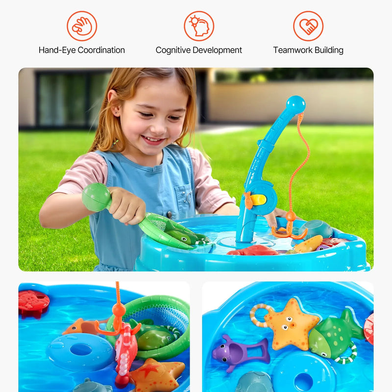 VEVOR ūdens galds mazuļiem, bērnu sensorais aktivitāšu galds Fish 'n Splash ūdens rotaļu komplekts ar 9 piederumiem, vasaras ūdens aktivitāšu galds ar makšķerēšanas spēli bērniem no 3+ gadiem