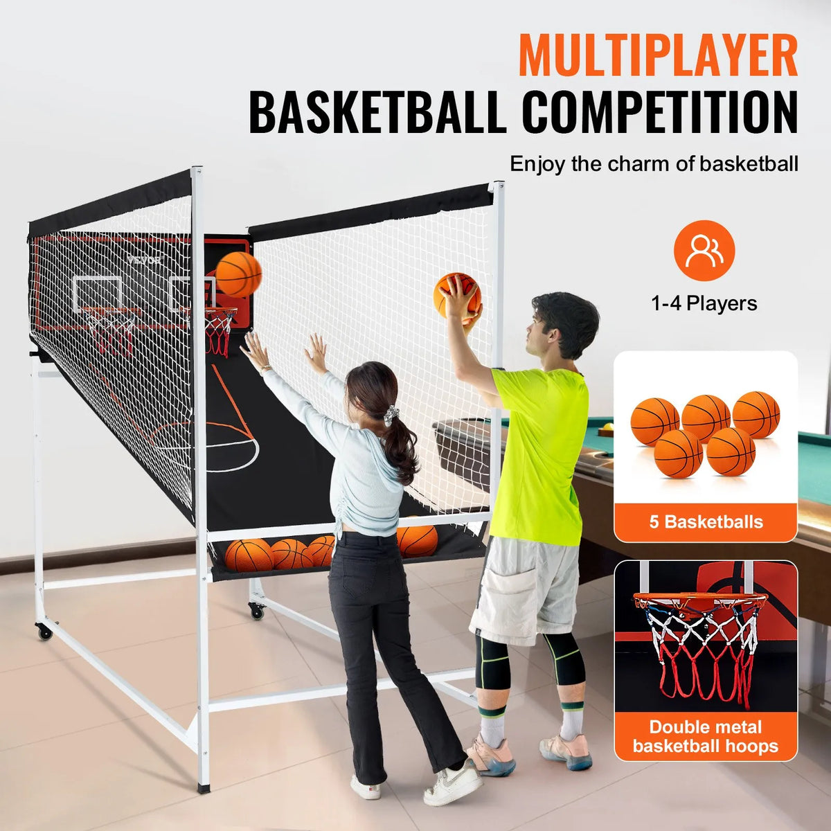 VEVOR arkādes basketbola spēle ar aizsargkarkasu 2 spēlētājiem, iekštelpu dubultais basketbola grozu komplekts ar 5 bumbām, 8 spēļu režīmiem, elektronisku rezultātu tablo un bumbas pumpi, melnbalta