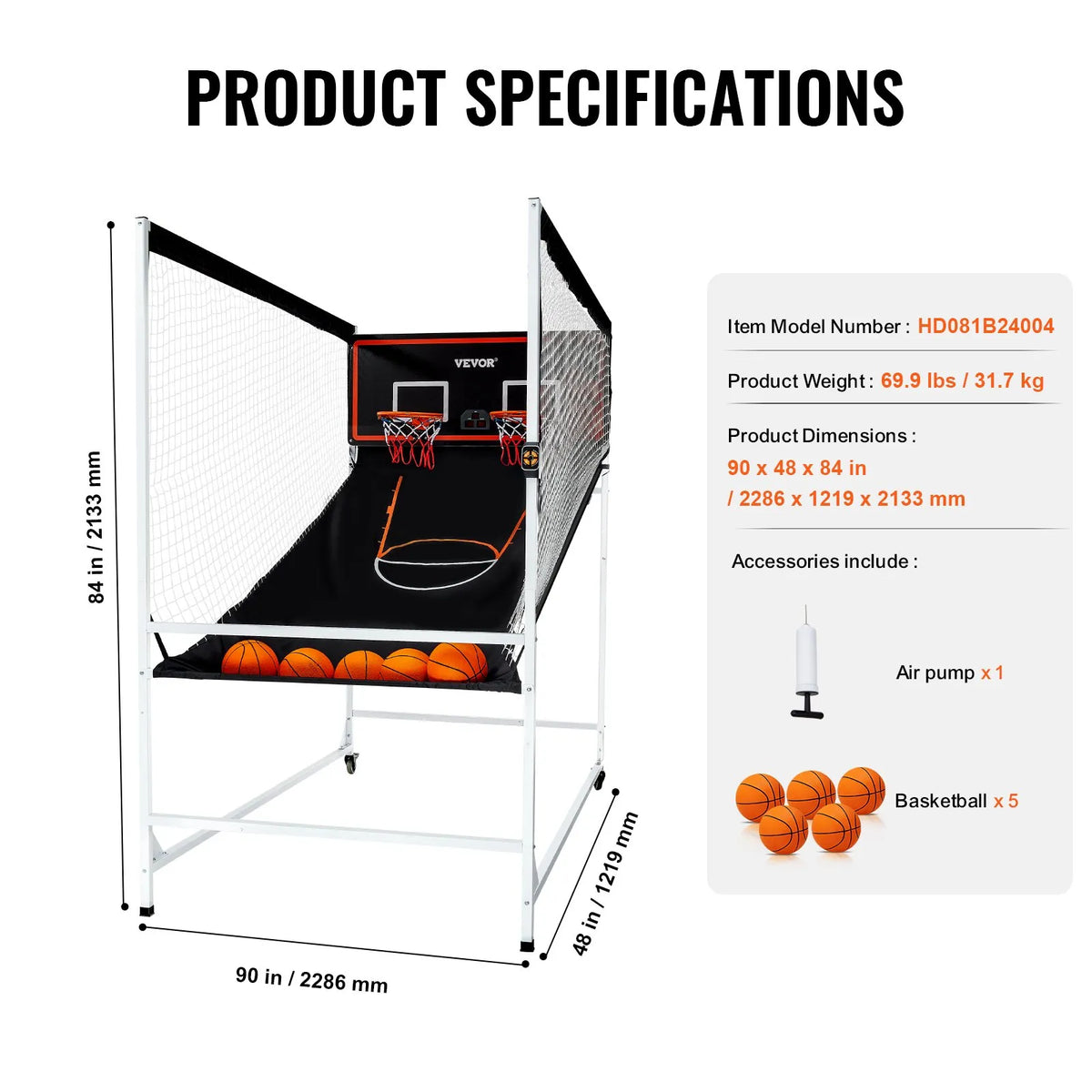 VEVOR arkādes basketbola spēle ar aizsargkarkasu 2 spēlētājiem, iekštelpu dubultais basketbola grozu komplekts ar 5 bumbām, 8 spēļu režīmiem, elektronisku rezultātu tablo un bumbas pumpi, melnbalta