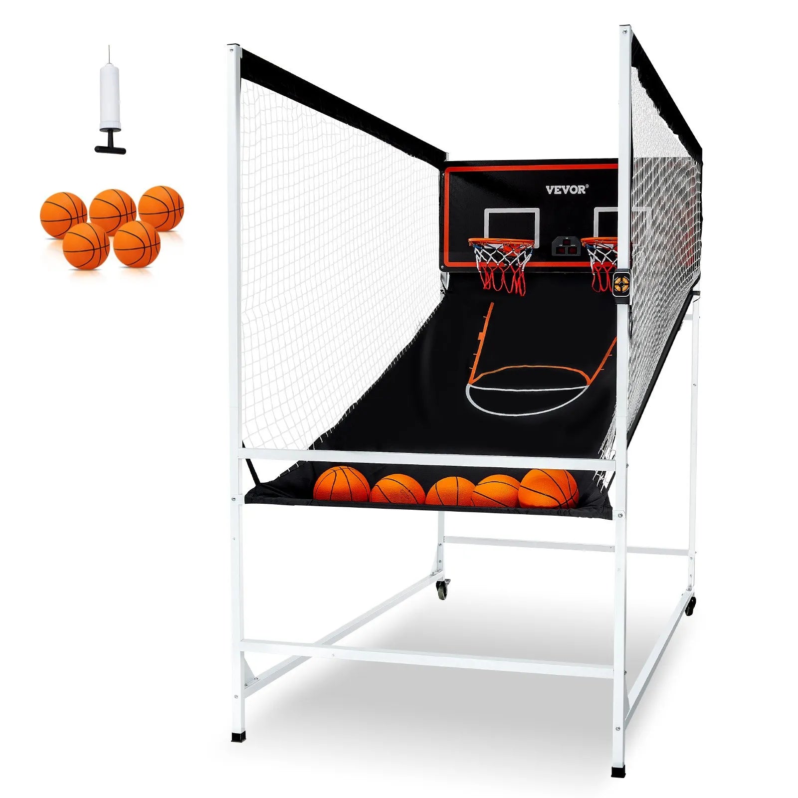 VEVOR arkādes basketbola spēle ar aizsargkarkasu 2 spēlētājiem, iekštelpu dubultais basketbola grozu komplekts ar 5 bumbām, 8 spēļu režīmiem, elektronisku rezultātu tablo un bumbas pumpi, melnbalta