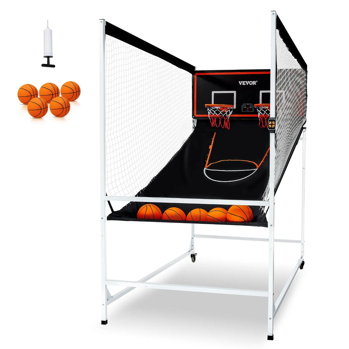 VEVOR arkādes basketbola spēle ar aizsargkarkasu 2 spēlētājiem, iekštelpu dubultais basketbola grozu komplekts ar 5 bumbām, 8 spēļu režīmiem, elektronisku rezultātu tablo un bumbas pumpi, melnbalta