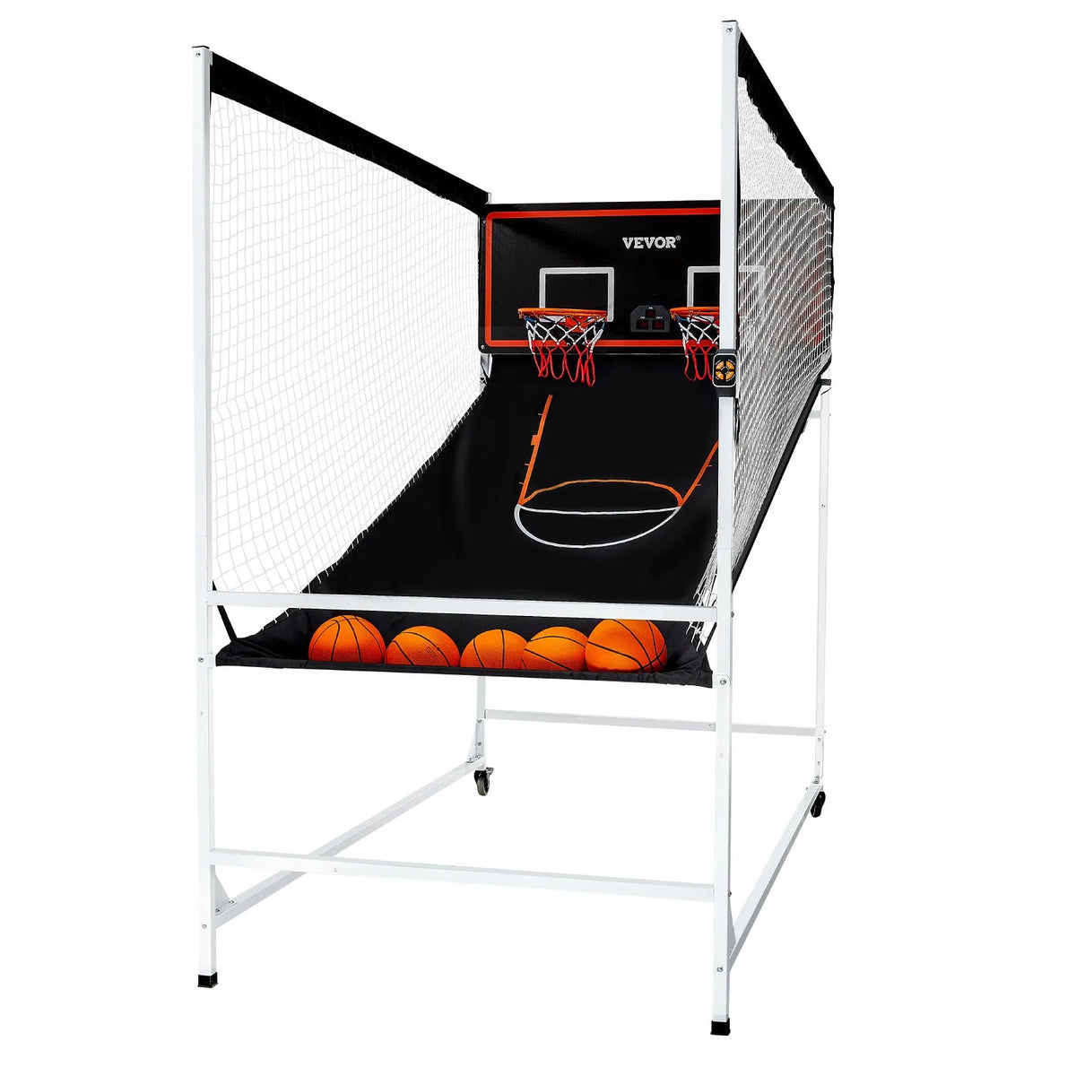 VEVOR arkādes basketbola spēle ar aizsargkarkasu 2 spēlētājiem, iekštelpu dubultais basketbola grozu komplekts ar 5 bumbām, 8 spēļu režīmiem, elektronisku rezultātu tablo un bumbas pumpi, melnbalta