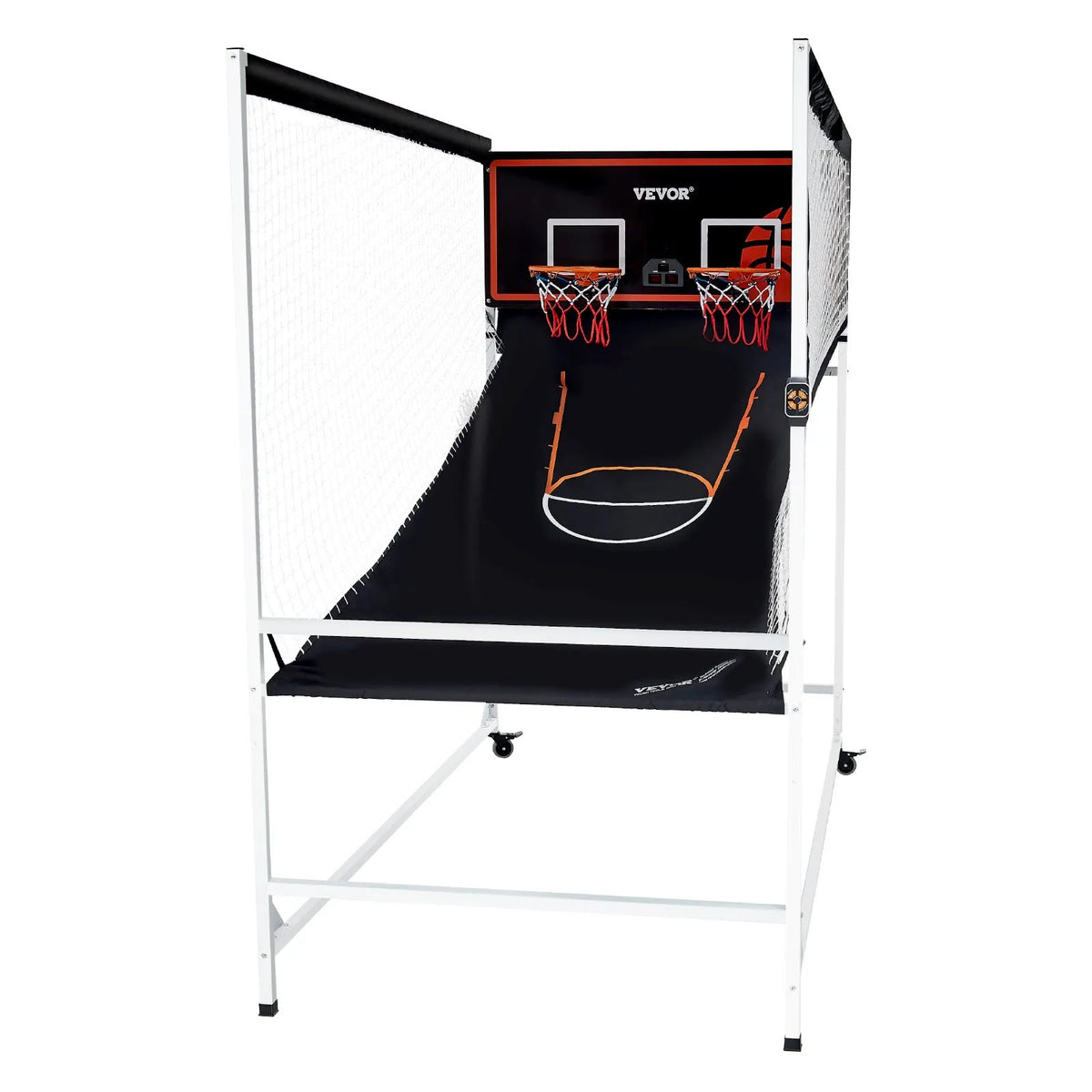 VEVOR arkādes basketbola spēle ar aizsargkarkasu 2 spēlētājiem, iekštelpu dubultais basketbola grozu komplekts ar 5 bumbām, 8 spēļu režīmiem, elektronisku rezultātu tablo un bumbas pumpi, melnbalta