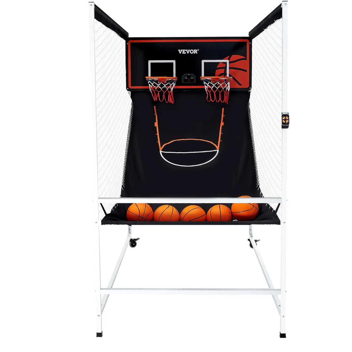 VEVOR arkādes basketbola spēle ar aizsargkarkasu 2 spēlētājiem, iekštelpu dubultais basketbola grozu komplekts ar 5 bumbām, 8 spēļu režīmiem, elektronisku rezultātu tablo un bumbas pumpi, melnbalta