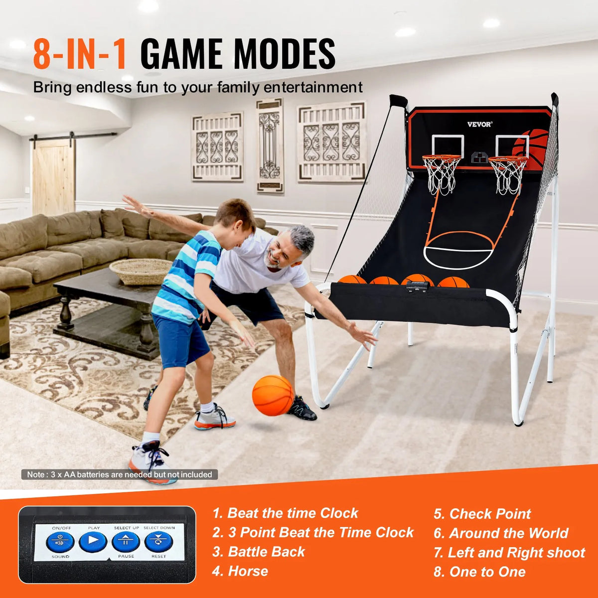 VEVOR salokāma basketbola arkādes spēle 2 spēlētājiem ar 5 bumbām, 8 spēļu režīmiem, elektronisku rezultātu tablo un bumbas pumpi bērniem un pieaugušajiem, melnbalta
