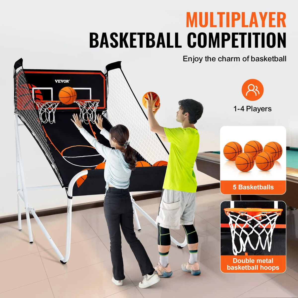 VEVOR salokāma basketbola arkādes spēle 2 spēlētājiem ar 5 bumbām, 8 spēļu režīmiem, elektronisku rezultātu tablo un bumbas pumpi bērniem un pieaugušajiem, melnbalta