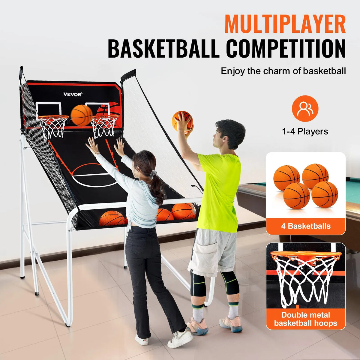 VEVOR salokāma basketbola arkādes spēle 2 spēlētājiem ar 4 bumbām, 8 spēļu režīmiem, elektronisku rezultātu tablo un bumbas pumpi, iekštelpu dubultais basketbola grozu komplekts bērniem un pieaugušajiem, melnbalta