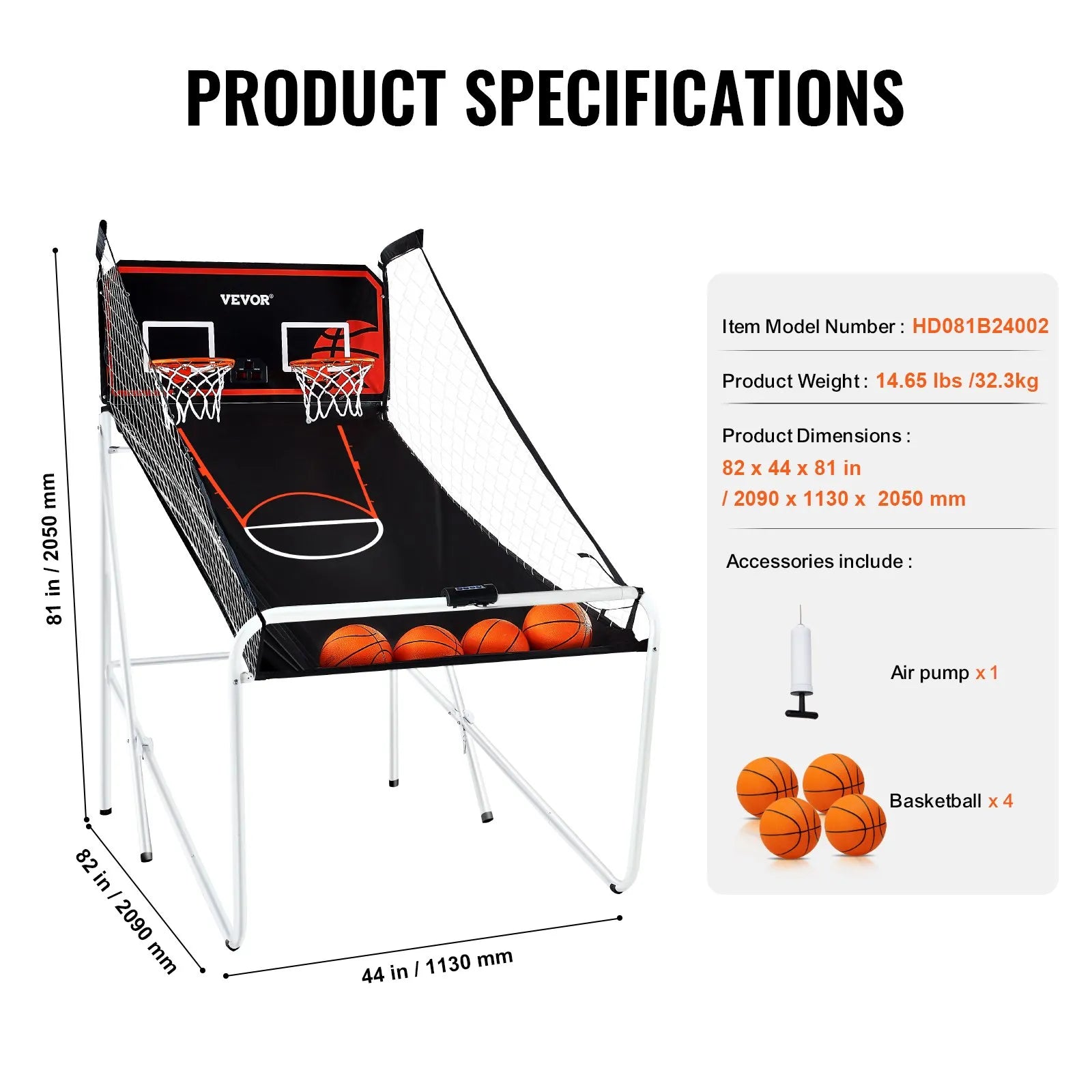 VEVOR salokāma basketbola arkādes spēle 2 spēlētājiem ar 4 bumbām, 8 spēļu režīmiem, elektronisku rezultātu tablo un bumbas pumpi, iekštelpu dubultais basketbola grozu komplekts bērniem un pieaugušajiem, melnbalta