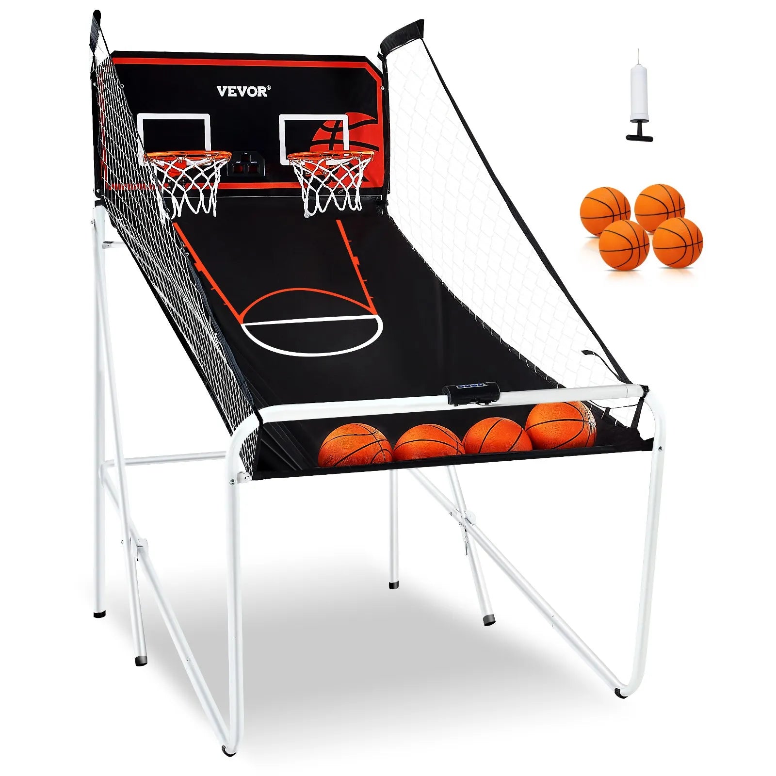 VEVOR salokāma basketbola arkādes spēle 2 spēlētājiem ar 4 bumbām, 8 spēļu režīmiem, elektronisku rezultātu tablo un bumbas pumpi, iekštelpu dubultais basketbola grozu komplekts bērniem un pieaugušajiem, melnbalta