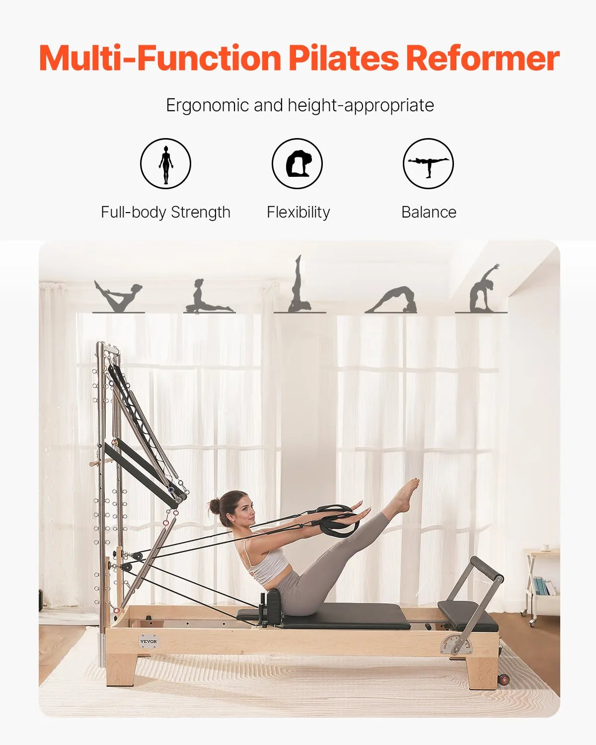 VEVOR koka pilates reformeris ar dubulto pretestību, treniņu aprīkojums ar reformera kasti un lēciena platformu, piemērots iesācējiem un pieredzējušiem lietotājiem mājas sporta zālei un studijai, slodze līdz 181 kg