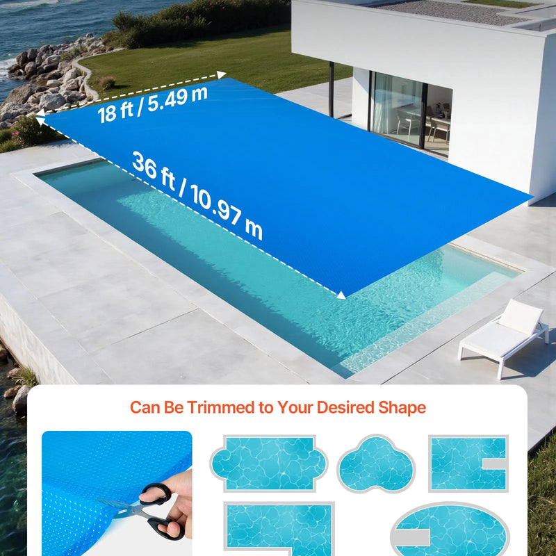 VEVOR saules baseina pārsegs, 10,97 × 5,49 m taisnstūra saules burbuļu sega, 0,2 mm PE materiāls, siltuma uzkrāšana dienā un saglabāšana naktī, zila