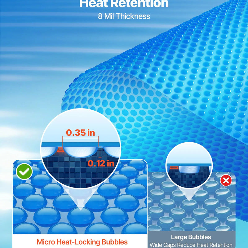 VEVOR saules baseina pārsegs, 10,97 × 5,49 m taisnstūra saules burbuļu sega, 0,2 mm PE materiāls, siltuma uzkrāšana dienā un saglabāšana naktī, zila