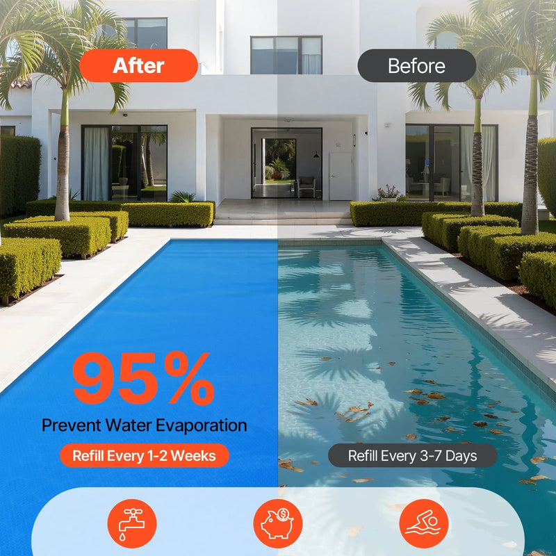 VEVOR saules baseina pārsegs, 10,97 × 5,49 m taisnstūra saules burbuļu sega, 0,2 mm PE materiāls, siltuma uzkrāšana dienā un saglabāšana naktī, zila