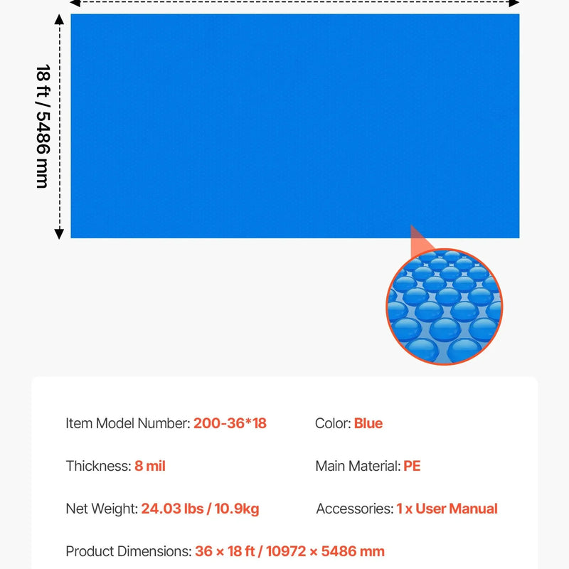 VEVOR saules baseina pārsegs, 10,97 × 5,49 m taisnstūra saules burbuļu sega, 0,2 mm PE materiāls, siltuma uzkrāšana dienā un saglabāšana naktī, zila